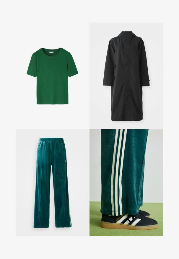 Čierny nepremokavý kabát vyrobený z materiálu odolného voči vode, s vysokým golierom, dlhými rukávmi, minimalistickým dizajnom a bočnými vreckami.; Zelené tričko s krátkym rukávom vyrobené z mäkkej textílie. Má okrúhly výstrih a voľný strih s čistými okrajmi. Bez vzorov a akcentov.; Modré velúrové tepláky so voľným strihom, elastickým pásom, bočnými vreckami a jemným textúrovaným vzorom. Majú kontrastné pruhy po stranách.; Zelené textúrované nohavice s bielymi bočnými pruhmi, skombinované s čiernymi teniskami Adidas s tromi bielymi pruhmi a gumovou podrážkou.