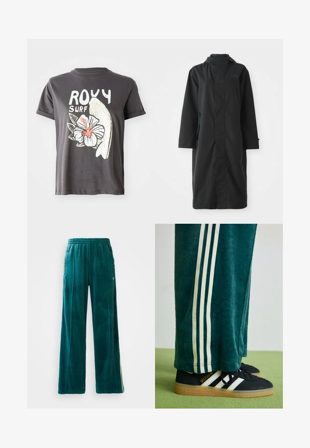 Schwarzer Regenmantel aus wasserabweisendem Material, mit hohem Kragen, langen Ärmeln, minimalistischen Design und seitlichen Taschen.; Graues Baumwoll-T-Shirt mit einem weißen Grafikdesign eines Fisches und einer Hibiskusblüte mit roten Details, kurzen Ärmeln und Rundhalsausschnitt.; Türkise Velours-Jogginghosen mit lockerer Passform, elastischem Bund, seitlichen Taschen und feinem Strukturmuster. Mit kontrastierenden Streifen an den Seiten.; Grüne strukturierte Hose mit weißen Seitenstreifen, kombiniert mit schwarzen Adidas Turnschuhen, die drei weiße Streifen und eine Gummisohle haben.
