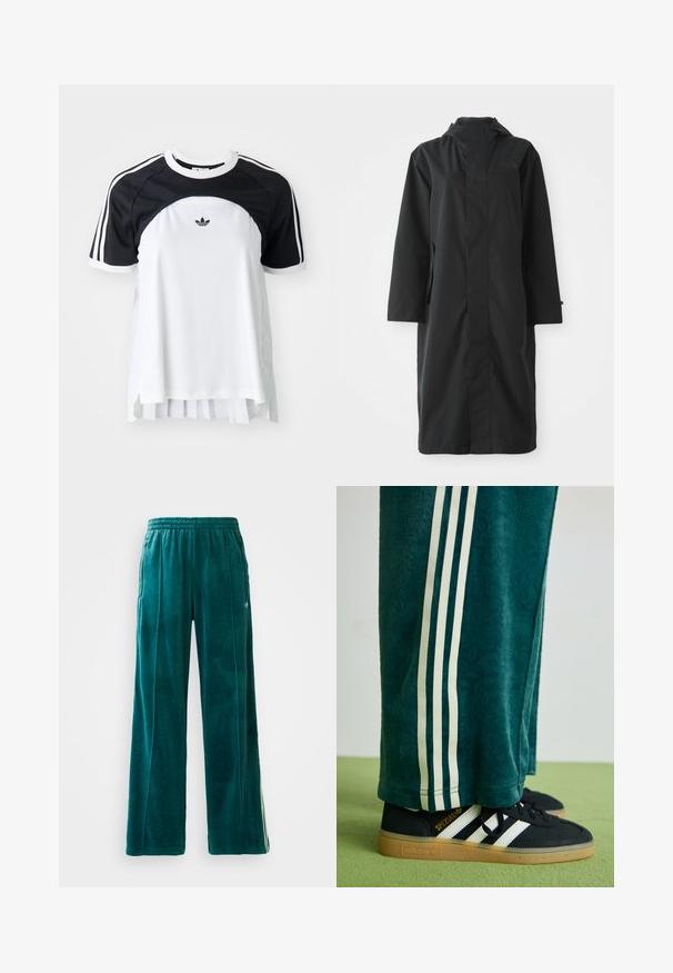 Must värvikas vihmakeep on valmistatud veekindlast materjalist, millel on kõrge krae, pikad varrukad, minimalistlik disain ja küljetaskud.; Lühikese varrukaga t-särk, millel on must ülaosa ja valge keha, õlgadel kolm triipu ja volditud alumine äär. Rindkere peal Adidas logo.; Teal veluurist joggers lahtise lõikega, elastse vöökoha, küljetaskute ja peene tekstuurimustriga. Edasi toob esile kontrastsed triibud külgedel.; Rohelised tekstureeritud püksid valgete külgriidega, kombineeritud mustade Adidas jalgadega, millel on kolm valget triipu ja kummi tald.