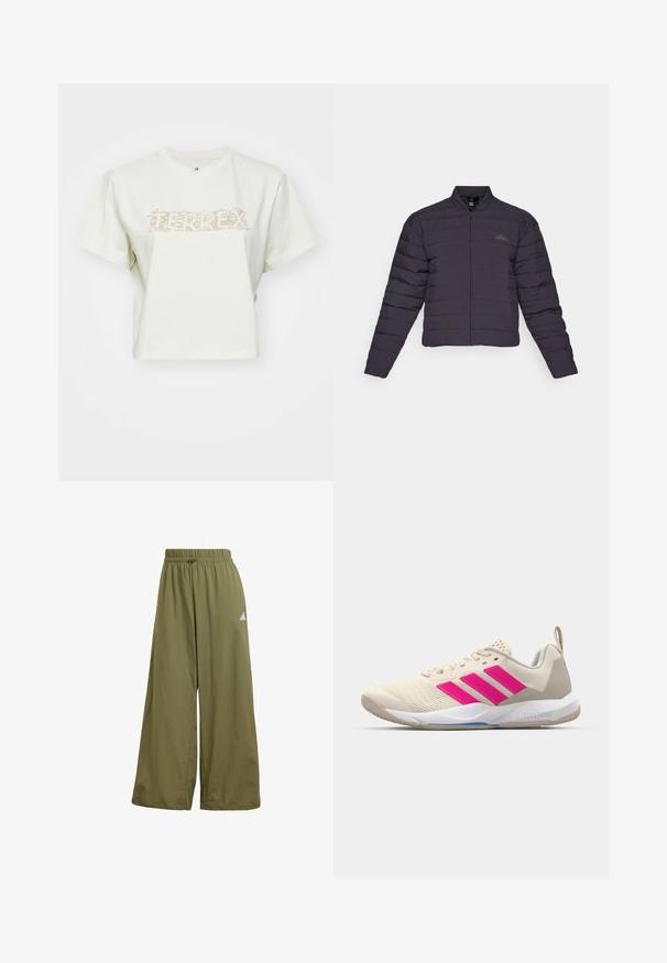 Chaqueta acolchada de color púrpura oscuro con diseño acolchado horizontal, cuello alzado, cremallera frontal completa y detalle del logo en el lado izquierdo del pecho.; Camiseta blanca recortada de algodón con un gráfico de texto en un tono beige claro que incluye elementos de la naturaleza, leyendo "TERREX". Mangas cortas, escote redondo.; Pantalones de pierna ancha color verde olivo, hechos de tela ligera, con una cinturilla elástica y un sutil logo blanco en el lado izquierdo.; Zapatilla deportiva beige con logo de tres rayas rosa, parte superior de malla texturizada, cuello acolchado y suela de goma blanca, con la marca "LIGHTSTRIKE".