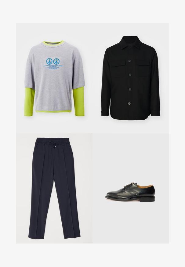 Zwarte shirtjack gemaakt van een gladde stof. Heeft een puntkraag, knopen aan de voorkant en twee borstzakken met kleppen. Lange mouwen.; Grijze katoenen sweater met een heldergroene binnenlaag, voorzien van blauwe vredessymbolen en tekstprint aan de voorkant. Korte mouwen, relaxte pasvorm.; Marineblauwe broeken met een elastische tailleband en koord. Voorzien van twee voorplooien en taps toelopende benen voor een gestructureerd silhouet.; Zwarte leren nette schoen met een gladde afwerking, ronde neus en minimale veters. Beschikt over een subtiel ontwerp en een lage, stevige rubberen zool.