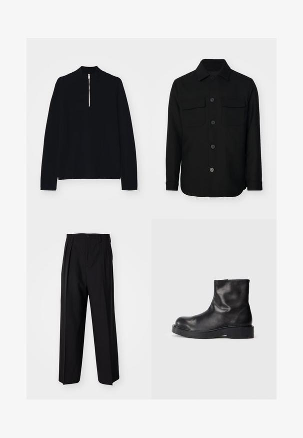 Juodas švarkas, pagamintas iš lygaus audinio. Savybės: smailus apykaklė, priekiniai mygtukai ir dvi krūtinės kišenės su sklendėmis. Ilgos rankovės.; Juodas ilgomis rankovėmis viršus, pagamintas iš minkštos medžiagos, su aukštu apykaklės dizainu ir pusiau užtrauktuku priekyje, su laisvu siluetu.; Juodi klostuoti kelnių, su tiesiu, plačiu kojų dizainu. Pagaminti iš lygios medžiagos, su mygtukų uždarymu ir diržo kilputėmis.; Juodos odinės nėriniuotos aulinės botai su apvalia nosimi, lygia tekstūra ir masyviu juodu guminio pado. Minimalistinis dizainas be matomų detalių.