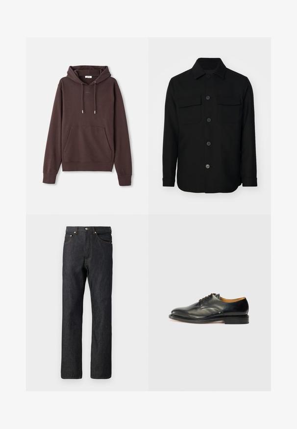 Črna srajcna jakna iz gladkega materiala. Ima oglat ovratnik, sprednje gumbe in dva žepa na prsih z poklopcema. Dolgi rokavi.; Rjava kapuca iz mehkega bombažnega blaga, ki ima sprednji žep, nastavljivo vrvico in všito logotipno podrobnost blizu ovratnika.; Temno modri kavbojke z ravno nogo. Imajo pet žepov, oranžno šivanje in gumbasto zapiranje v pasu.; Črne usnjene oblečne čevlje z gladko površino, zaobljenim nosom in minimalnim vezanjem. Imajo diskretnem oblikovanju in nizkim, trdim gumijastim podplatom.