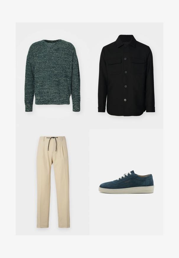 Zwarte shirtjack gemaakt van een gladde stof. Heeft een puntkraag, knopen aan de voorkant en twee borstzakken met kleppen. Lange mouwen.; Donkergroene, gestructureerde gebreide trui met een ronde hals, lange mouwen en een relaxed fit. Subtiele contrasterende garenpatronen overal.; Beige broek met een rechte pasvorm, voorzien van een verstelbare tailleband, geplooide voorkant en een soepele textuur. Eenvoudig, veelzijdig ontwerp.; Blauwe leren sneakertjes met een ronde neus, witte veters en een rubberen zool. Beschikt over subtiele stiksels en een merkaccent aan de zijkant.