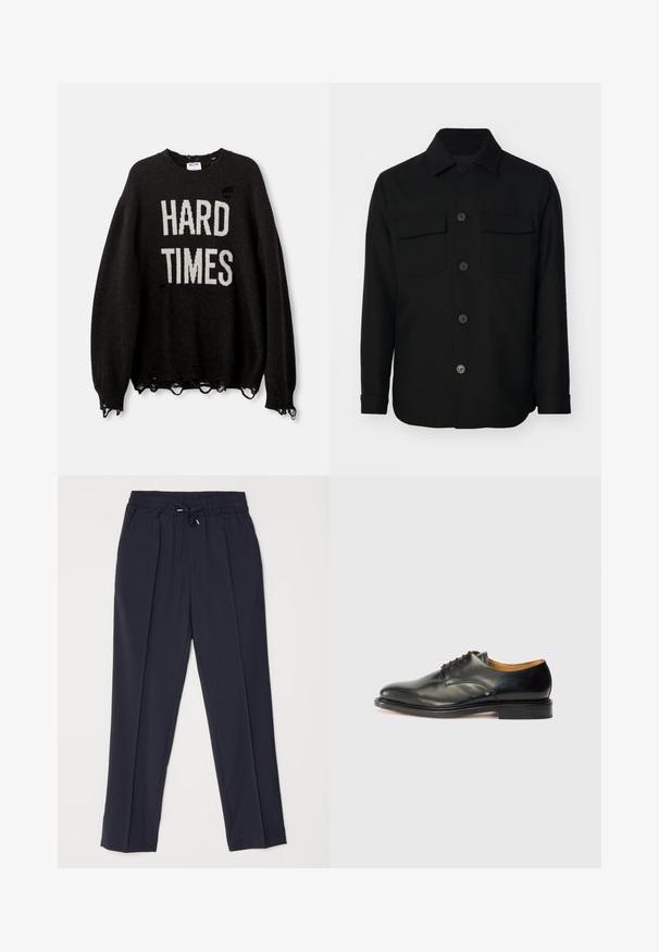 Črna srajcna jakna iz gladkega materiala. Ima oglat ovratnik, sprednje gumbe in dva žepa na prsih z poklopcema. Dolgi rokavi.; Črna pulover s napisom "HARD TIMES" v belem, obrabljenega videza z luknjami in razfrkanimi robovi, reberastimi manšetami in ovratnikom.; Mornarji modri hlače z elastičnim pasom in vrvico. Opremljene sta z dvema sprednjima gubama in zoženimi nogami za strukturirano silhueto.; Črne usnjene oblečne čevlje z gladko površino, zaobljenim nosom in minimalnim vezanjem. Imajo diskretnem oblikovanju in nizkim, trdim gumijastim podplatom.