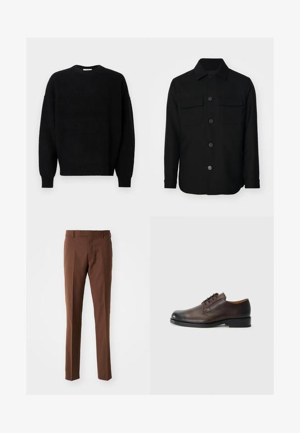 Zwarte shirtjack gemaakt van een gladde stof. Heeft een puntkraag, knopen aan de voorkant en twee borstzakken met kleppen. Lange mouwen.; Zwarte gebreide trui met een ribbelstructuur, ronde hals en verlaagde schouders, met lange mouwen en een ontspannen pasvorm.; Bruine, op maat gemaakte broeken met een platte voorkant, recht model, zachte textuur en riemlussen. Geen zichtbare patronen of hardware details.; Bruine leren schoen met een ronde neus, lage hak, vetersluiting en een gladde textuur. Heeft minimale stiksels en een gepolijste afwerking.
