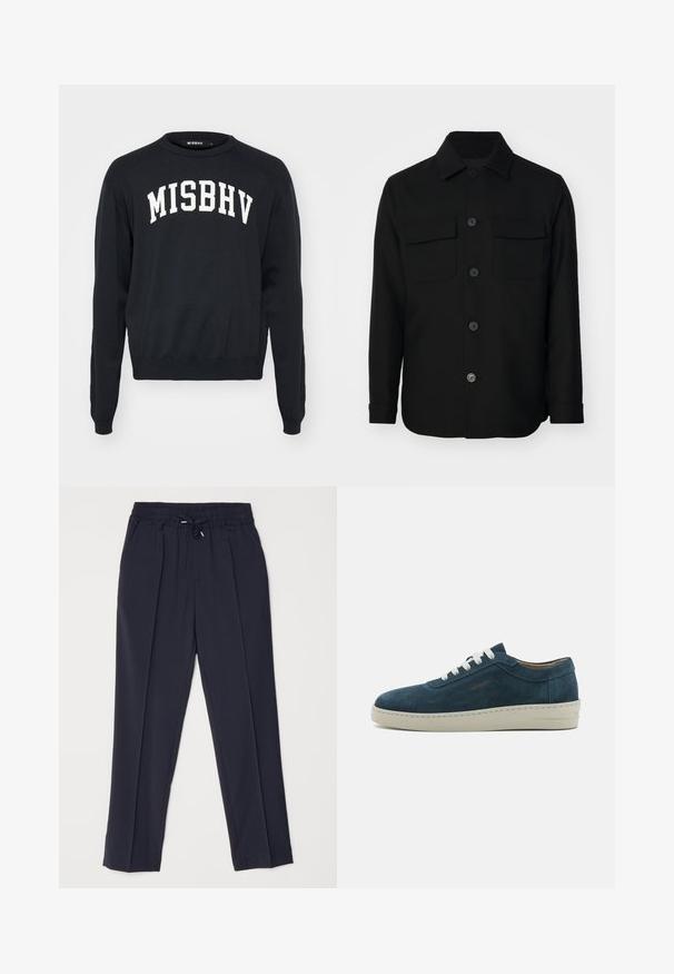 Juodas švarkas, pagamintas iš lygaus audinio. Savybės: smailus apykaklė, priekiniai mygtukai ir dvi krūtinės kišenės su sklendėmis. Ilgos rankovės.; Juodas megztinis su baltu "MISBHV" užrašu, su raštuotais pečiais, apvaliu kaklu ir prigludusiomis rankovėmis; pagamintas iš minkštos mezginio medžiagos.; Tamsiai mėlynos kelnės su elastinga juosta ir raišteliu. Su dviem priekinėmis raukšlėmis ir siaurėjančiomis kojomis, suteikiančiomis struktūruotą siluetą.; Mėlyni zomšiniai sportbačiai su suapvalintu priekiu, baltais raišteliais ir guminėmis padais. Yra subtilių siuvinėjimų ir ženklas ant šono.