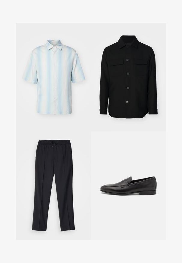 Veste noire en tissu lisse. Dotée d'un col pointu, de boutons sur le devant, et de deux poches poitrine avec rabats. Manches longues.; sandro Chemise - bleu; sandro ALPHA - Chino - noir; Mocassin pour homme en cuir noir avec un petit talon et un design classique à lanière penny, présenté en profil sur fond blanc.