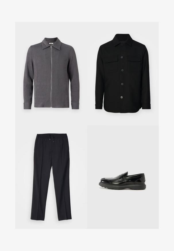 Fekete ingdzseki sima anyagból készült. Éles gallérral, elülső gombokkal és két mellzsebbel rendelkezik, fedéllel. Hosszú ujjakkal.; Szürke, cipzáros póló, galléros nyakkal és hosszú ujjakkal, texturált anyagból készült, amelynek finom bordázott mintázata van.; sandro ALPHA - Vászonnadrágok - noir; Fekete bőr loafer, fényes felülettel, kerek orral, diszkrét varrási részletekkel és vastag gumitalppal a tartósság érdekében.