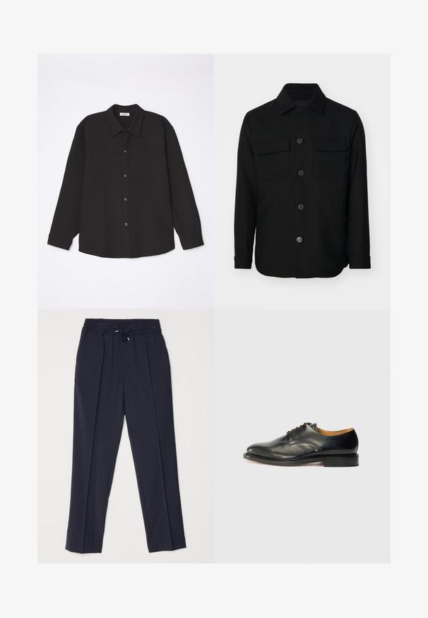 Czarna kurtka koszulowa wykonana z gładkiego materiału. Posiada spiczasty kołnierz, guziki z przodu oraz dwie kieszenie na piersi z klapkami. Długie rękawy.; sandro JOKER czarny; Granatowe spodnie z elastycznym paskiem i sznurkiem. Posiadają dwa fałdy z przodu oraz zwężane nogawki, co zapewnia zarysowaną sylwetkę.; Czarne skórzane buty eleganckie z gładkim wykończeniem, okrągłym noskiem i minimalnym sznurowaniem. Charakteryzują się subtelnym wzornictwem oraz niską, solidną gumową podeszwą.