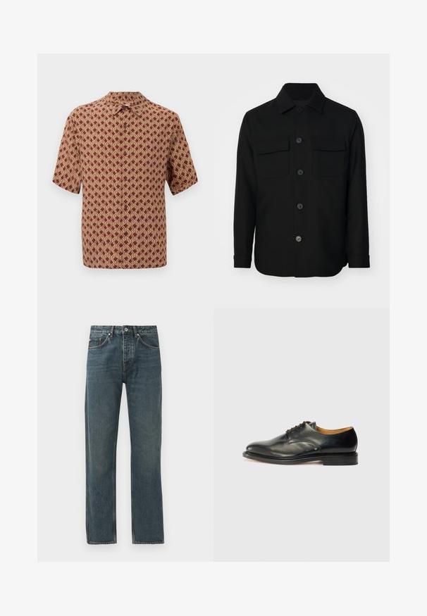 Juodas švarkas, pagamintas iš lygaus audinio. Savybės: smailus apykaklė, priekiniai mygtukai ir dvi krūtinės kišenės su sklendėmis. Ilgos rankovės.; Burgundi spalvos trumpas rankovėmis marškinėliai su sudėtingu kreminiu geometriniu raštu. Marškiniai su apykakle ir mygtukais priekyje.; Tamsiai mėlyni džinsai su tiesiomis kojomis, turintys penkis kišenes, mygtuko uždarymą ir kontrastingus siuvimo akcentus.; Juodas odinis suknelės batelis su lygiu paviršiumi, apvalia nosimi ir minimaliai surišamais raišteliais. Joje yra subtilus dizainas ir žemas, tvirtas gumos padas.