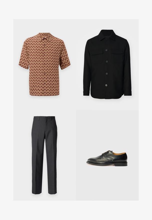 Fekete ingdzseki sima anyagból készült. Éles gallérral, elülső gombokkal és két mellzsebbel rendelkezik, fedéllel. Hosszú ujjakkal.; Burgundi rövid ujjú ing, bonyolult krém színű geometrikus mintával. Galléros kialakítás, elöl gombokkal a záráshoz.; Sötét szürke szabott nadrág, lapos elülső kialakítással, övhurkokkal és egyenes lábmegoldással; sima textúra, nem látható minták.; Fekete bőr dresszcipő sima felülettel, kerek orral és minimális fűzéssel. Diszkrét dizájn jellemzi, alacsony, masszív gumitalpakkal.