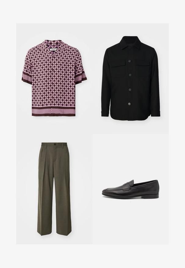 Giacca nera in tessuto liscio. Presenta un colletto a punta, bottoni frontali e due tasche sul petto con patte. Maniche lunghe.; Camicia a maniche corte con un motivo geometrico marrone e rosa, realizzata in tessuto leggero, con collo e chiusura a bottone.; Filippa K WIDE TROUSERS - Pantaloni - driftwood; Mocassino da uomo in pelle nera con tacco basso e design classico a striscia, mostrato in profilo laterale su sfondo bianco.