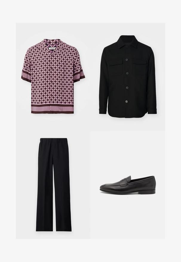 Černá košile s bundou vyrobená z hladké tkaniny. Má špičatý límec, přední knoflíky a dvě náprsní kapsy s klopami. Dlouhé rukávy.; Košile s krátkým rukávem s hnědým a růžovým geometrickým vzorem, vyrobená z lehkého materiálu s límečkem a zapínáním na knoflíky.; sandro LARGE - Kalhoty - noir; Černé kožené pánské mokasíny s nízkým podpatkem a klasickým designem se sponou, zobrazené v bočním profilu na bílém pozadí.