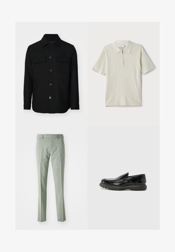 Svart skjortjacka tillverkad av ett slätt tyg. Har en spetsig krage, framknappar och två bröstfickor med lock. Långa ärmar.; Kortärmad polo i ljusbeige med dragkedja i kragen. Tillverkad av slätt tyg, har en enkel och modern design utan mönster.; Ljusgrön skräddarsydd byxa med en mjuk textur, rak benstil och standardmidja med bälteshällor, lämplig för formell klädsel.; Svart läderloaferskor med en glänsande yta, rund tå, diskreta söm detaljer och en tjock gummisula för hållbarhet.