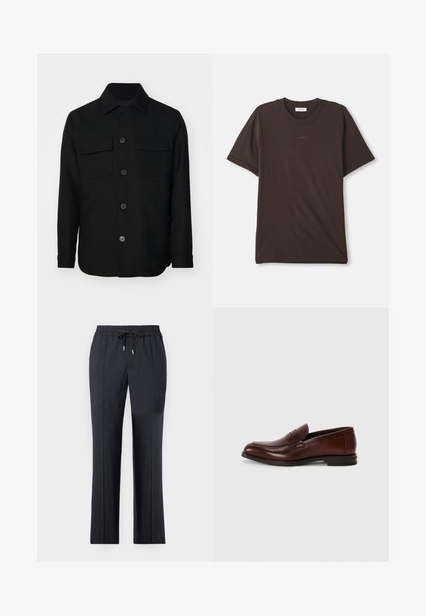 Zwarte shirtjack gemaakt van een gladde stof. Heeft een puntkraag, knopen aan de voorkant en twee borstzakken met kleppen. Lange mouwen.; Donkerbruin T-shirt met korte mouwen en ronde hals met het "SANDRO" logo gecentreerd op de borst en een label binnenin de halslijn.; Zwarte, rekbare broek met een elastische tailleband en trekkoord. Rechte snit met zijzakken en een gladde, zachte textuur.; Bruine leren instappers met een ronde neus, een detail met een bandje aan de voorkant en een lage gestapelde hak. Glad textuur met minimale decoratieve accenten.