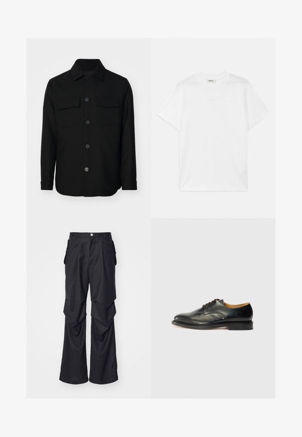 Crna košulja jakna izrađena od glatkog materijala. Ima oštar ovratnik, prednje dugmadi i dva džepa na prsima s preklopima. Dugi rukavi.; Bijela pamučna majica s okruglim izrezom, kratkim rukavima i diskretnim logotipom otisnutim sprijeda. Glatka tekstura i jednostavan dizajn.; Crne hlace s prugicama i širokim nogavicama, s nabranim detaljima, bočnim džepovima i prednjim zatvaranjem na gumb. Glatka tekstura.; Crne kožne cipele s glatkom završnom obradom, zaobljenim vrhom i minimalnim vezanjem. Imaju suptilan dizajn i nisku, čvrstu gumenu potplat.