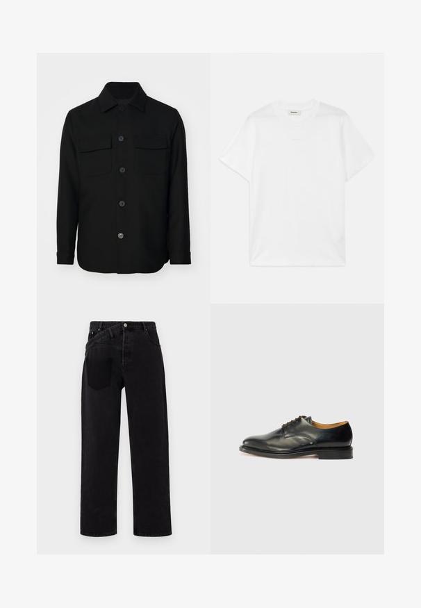 Must mustriga särk, mis on valmistatud siledast kangast. Omab teravat kaelust, esist muudatused ning kahte rinna taskut lipukestega. Pika varrukaga.; Valge puuvillane T-särk ümmarguse kaeluse, lühikeste varrukate ja peene logoga, mis on trükitud ette. Sile tekstuur ja lihtne disain.; Mustadest denimist valmistatud sirge säärega teksapüksid, millel on ees nööpidega sulgemine, viie tasku stiil ja üks tagatasku paremal küljel.; Must musta kingad, millel on sile pind, ümar nina ja minimaalne paelamine. Omab peent disaini ja madalat, tugevat kummist tallat.