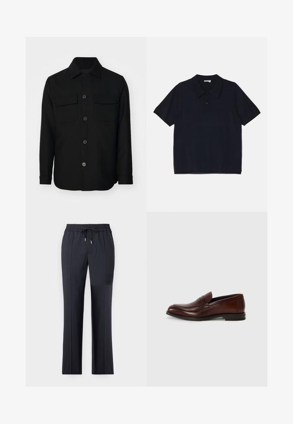 Zwarte shirtjack gemaakt van een gladde stof. Heeft een puntkraag, knopen aan de voorkant en twee borstzakken met kleppen. Lange mouwen.; Zwarte polo met korte mouwen van een zachte, lichte stof. Heeft een klassieke kraag en een voorste knoopsluiting.; Zwarte, rekbare broek met een elastische tailleband en trekkoord. Rechte snit met zijzakken en een gladde, zachte textuur.; Bruine leren instappers met een ronde neus, een detail met een bandje aan de voorkant en een lage gestapelde hak. Glad textuur met minimale decoratieve accenten.