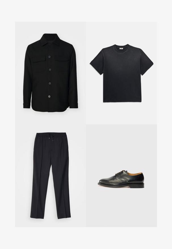 Melnas krekla jakas, kas izgatavota no gludas auduma. Iezīmes punktota apkakle, priekšējie pogas un divas krūšu kabatas ar atloka. Garas piedurknes.; Melna kokvilnas T-kreklā ar apaļu kakla izgriezumu un īsām piedurknēm. Iezīmējas ar brīvu piegriezumu, gludu tekstūru un minimālistisku dizainu.; sandro ALPHA - Chinos tipa bikses - noir; Melnas ādas kleitu kurpes ar gludu apdari, noapaļota purngala forma un minimālas saites. Iezīmējas ar niansētu dizainu un zemu, stabilu gumijas zoli.