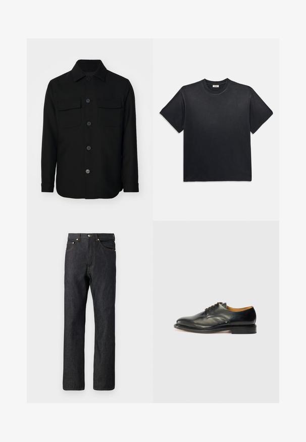 Must mustriga särk, mis on valmistatud siledast kangast. Omab teravat kaelust, esist muudatused ning kahte rinna taskut lipukestega. Pika varrukaga.; Must märk puuvillane T-särk ümmarguse kaelusega ja lühikeste varrukatega. Omab lõdvat istuvust, sujuvat tekstuuri ja minimalistlikku disaini.; Tumedat sinised denim püksid sirge säärega disainiga. Omab viit taskut, oranži õmblust ja nööp sulgemist vöökohal.; Must musta kingad, millel on sile pind, ümar nina ja minimaalne paelamine. Omab peent disaini ja madalat, tugevat kummist tallat.