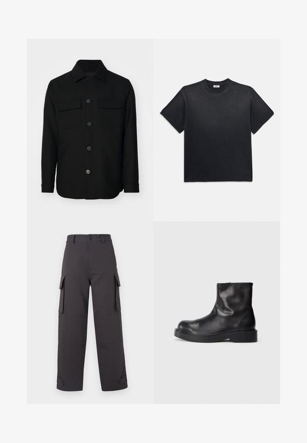 Schwarze Jacke aus glattem Stoff. Mit spitzem Kragen, Frontknöpfen und zwei Brusttaschen mit Klappen. Lange Ärmel.; Schwarzes Baumwoll-T-Shirt mit rundem Ausschnitt und kurzen Ärmeln. Verfügt über eine lockere Passform, eine glatte Textur und ein minimalistisches Design.; Cargo-Hosen in Dunkelgrau, aus einem glatten Stoff gefertigt, mit zwei seitlichen Taschen und Knopfverschlüssen. Lockere Passform mit umgeschlagenen Säumen.; Schwarze Leder-Ankle-Boots mit einer runden Zehenpartie, glatter Textur und einer dicken schwarzen Gummisohle. Minimalistisches Design ohne sichtbare Beschläge.