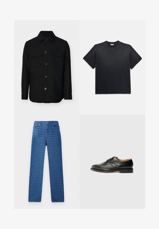 Czarna kurtka koszulowa wykonana z gładkiego materiału. Posiada spiczasty kołnierz, guziki z przodu oraz dwie kieszenie na piersi z klapkami. Długie rękawy.; Czarna bawełniana koszulka z okrągłym dekoltem i krótkimi rękawami. Charakteryzuje się luźnym krojem, gładką teksturą oraz minimalistycznym wzornictwem.; Niebieskie dżinsy z powtarzającym się teksturowanym wzorem, pięcioma kieszeniami oraz zapięciem na guziki w pasie. Prosty krój nogawek.; Czarne skórzane buty eleganckie z gładkim wykończeniem, okrągłym noskiem i minimalnym sznurowaniem. Charakteryzują się subtelnym wzornictwem oraz niską, solidną gumową podeszwą.