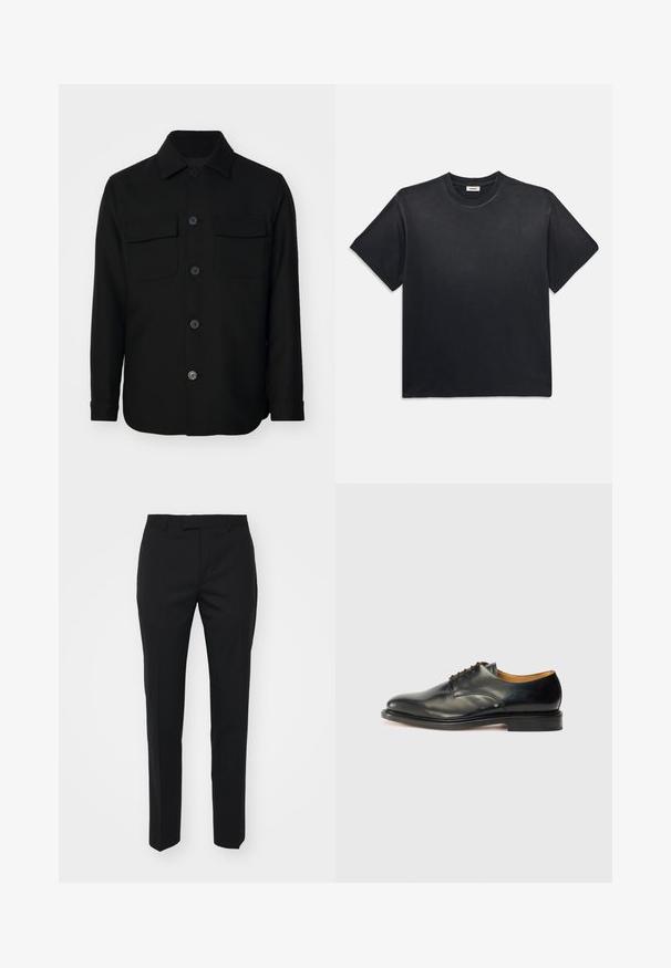 Černá košile s bundou vyrobená z hladké tkaniny. Má špičatý límec, přední knoflíky a dvě náprsní kapsy s klopami. Dlouhé rukávy.; Černé bavlněné tričko s kulatým výstřihem a krátkým rukávem. Má uvolněný střih, hladkou strukturu a minimalistický design.; Černé kalhoty s rovnými nohavicemi, vyrobené z hladké látky. Mají přední skladby, boční kapsy a plochý pas.; Černé kožené společenské boty s hladkým povrchem, kulatou špičkou a minimálním šněrováním. Mají decentní design a nízkou, pevnou gumovou podrážku.
