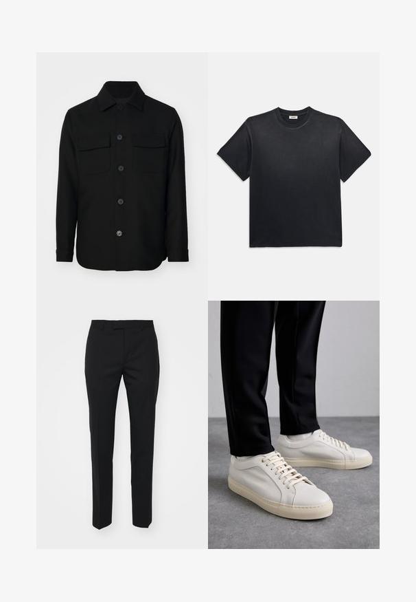 Chaqueta negra de camisa hecha de una tela suave. Presenta un collar puntiagudo, botones en la parte delantera y dos bolsillos en el pecho con solapas. Mangas largas.; Camiseta negra de algodón con cuello redondo y mangas cortas. Presenta un corte relajado, una textura suave y un diseño minimalista.; Pantalones negros con un diseño de pierna recta, hechos de una tela suave. Presentan pliegues frontales, bolsillos laterales y una cintura plana.; Zapatillas de cuero color beige claro con cordones planos, una superficie texturizada y una suela de goma color crema en contraste, combinadas con pantalones negros ajustados.