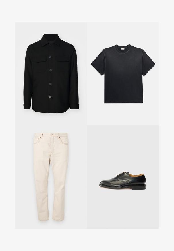 Crna košulja jakna izrađena od glatkog materijala. Ima oštar ovratnik, prednje dugmadi i dva džepa na prsima s preklopima. Dugi rukavi.; Crna pamučna majica s okruglim izrezom i kratkim rukavima. Ima opušteni kroj, glatku teksturu i minimalistički dizajn.; Bež traperice s ravnim nogavicama, koje imaju pet džepova, kontrastnu šav i kopčanje na pojasu dugmetom.; Crne kožne cipele s glatkom završnom obradom, zaobljenim vrhom i minimalnim vezanjem. Imaju suptilan dizajn i nisku, čvrstu gumenu potplat.