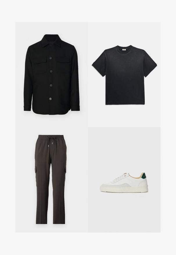 Čierna koženka vyrobená z hladkej textílie. Má špicatý golier, predné gombíky a dve náprsné vrecká s chlopňami. Dlhé rukávy.; Čierne bavlnené tričko s okrúhlym výstrihom a krátkymi rukávmi. Má voľný strih, hladkú textúru a minimalistický dizajn.; Tmavohnedé cargo nohavice s elastickým pásom, nastaviteľnou šnúrkou a bočnými vreckami na uloženie vecí. Hladká textúra látky, rovný strih.; Biele tenisky s semišovými akcentmi, zaoblenou špičkou, plochými šnúrkami a krémovou gumovou podrážkou. Na päte sú zelené značky.