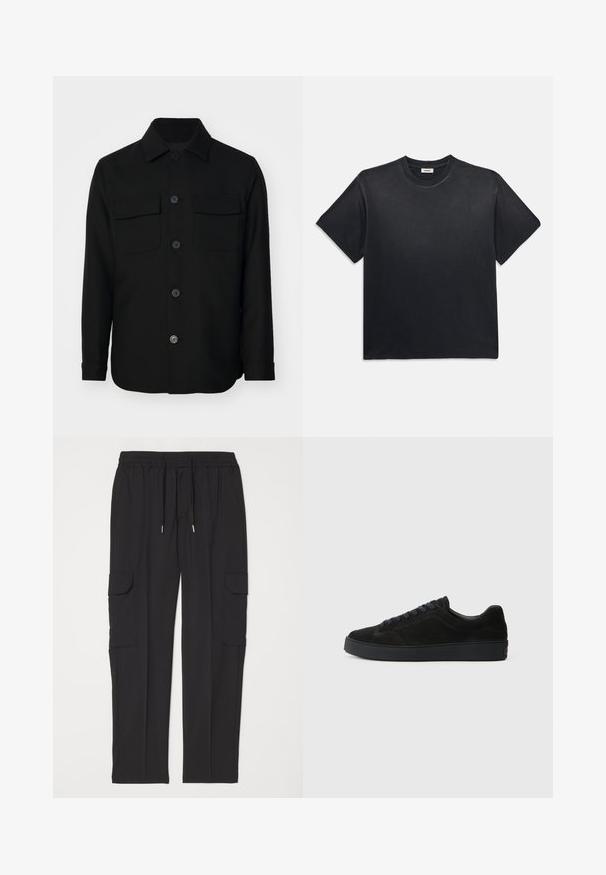 Musta takki, joka on valmistettu sileästä kankaasta. Siinä on terävä kaulus, etupainikkeet ja kaksi rintataskua läpällä. Pitkät hihat.; Mustanmusta puuvillapaita, jossa on pyöreä kaula-aukko ja lyhyet hihat. Ominaisuudet: rento istuvuus, sileä rakenne ja minimalistinen muotoilu.; Mustat cargo-housut, jotka on valmistettu pehmeästä kankaasta. Housuissa on joustava vyötärönyöri, kaksi sivutaskua ja kaksi sivu cargo-taskua.; Musta mokkanahkainen lenkkari, jossa on litteä, teksturoitu pohja, pyöreä kärki, kuusi rei'itystä nauhoille ja minimalistinen muotoilu.