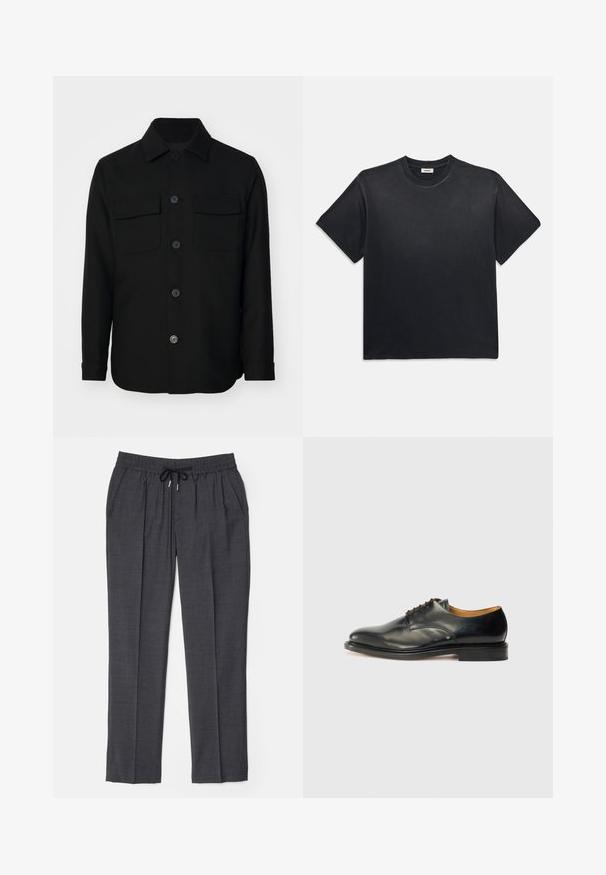 Črna srajcna jakna iz gladkega materiala. Ima oglat ovratnik, sprednje gumbe in dva žepa na prsih z poklopcema. Dolgi rokavi.; Črna bombažna majica s kratkimi rokavi in okroglim izrezom. Ima sproščen kroj, gladko teksturo in minimalističen dizajn.; Temno sivi hlače z elastiko v pasu in črno vrvico, stranskimi žepi in ravnim krojem.; Črne usnjene oblečne čevlje z gladko površino, zaobljenim nosom in minimalnim vezanjem. Imajo diskretnem oblikovanju in nizkim, trdim gumijastim podplatom.