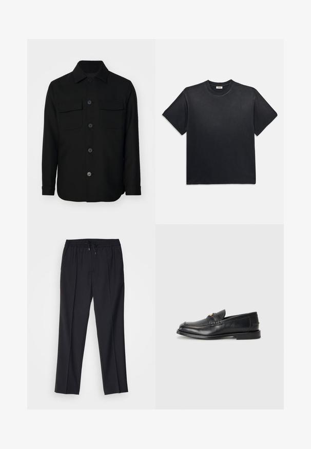 Črna srajcna jakna iz gladkega materiala. Ima oglat ovratnik, sprednje gumbe in dva žepa na prsih z poklopcema. Dolgi rokavi.; Črna bombažna majica s kratkimi rokavi in okroglim izrezom. Ima sproščen kroj, gladko teksturo in minimalističen dizajn.; sandro ALPHA - Hlače chino - noir; Črne usnjene loafersice imajo zaokrožen nosek, šivano detajliranje in majhen zlat akcent na sprednji strani. Podplat je raven in diskreten.
