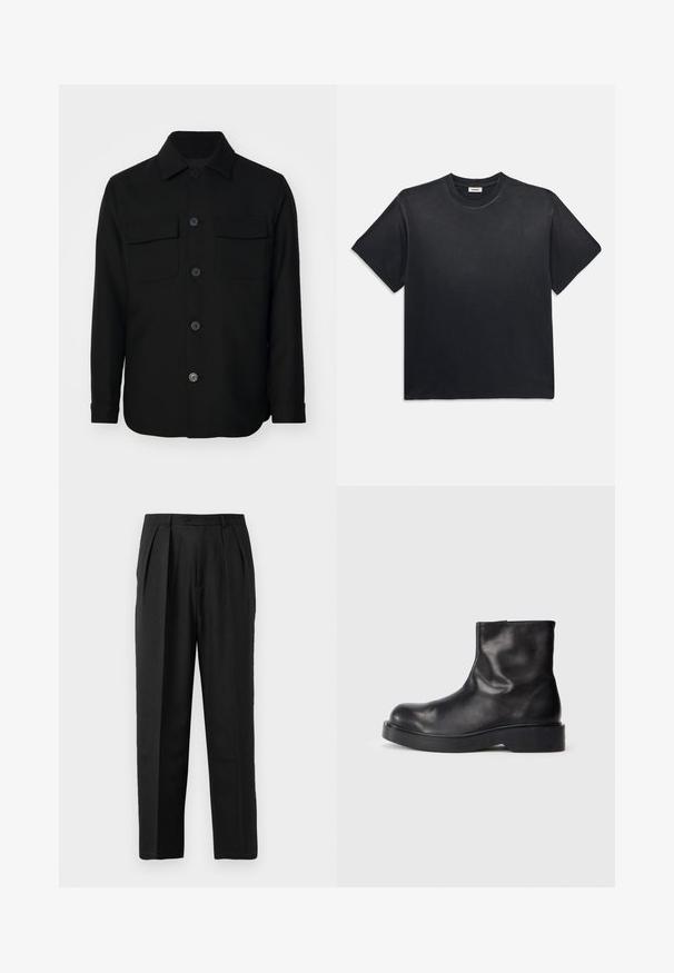 Juodas švarkas, pagamintas iš lygaus audinio. Savybės: smailus apykaklė, priekiniai mygtukai ir dvi krūtinės kišenės su sklendėmis. Ilgos rankovės.; Juodas medvilninis marškinėliai su apvaliu kaklu ir trumpomis rankovėmis. Turi laisvą siluetą, lygią tekstūrą ir minimalistinį dizainą.; Juodos klostuotos kelnes su pritaikytu dizainu, pagamintos iš lygaus audinio, su mygtuko uždarymu ir tiesiomis kojomis.; Juodos odinės nėriniuotos aulinės botai su apvalia nosimi, lygia tekstūra ir masyviu juodu guminio pado. Minimalistinis dizainas be matomų detalių.