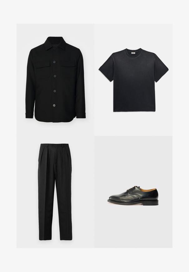 Juodas švarkas, pagamintas iš lygaus audinio. Savybės: smailus apykaklė, priekiniai mygtukai ir dvi krūtinės kišenės su sklendėmis. Ilgos rankovės.; Juodas medvilninis marškinėliai su apvaliu kaklu ir trumpomis rankovėmis. Turi laisvą siluetą, lygią tekstūrą ir minimalistinį dizainą.; Juodos klostuotos kelnes su pritaikytu dizainu, pagamintos iš lygaus audinio, su mygtuko uždarymu ir tiesiomis kojomis.; Juodas odinis suknelės batelis su lygiu paviršiumi, apvalia nosimi ir minimaliai surišamais raišteliais. Joje yra subtilus dizainas ir žemas, tvirtas gumos padas.