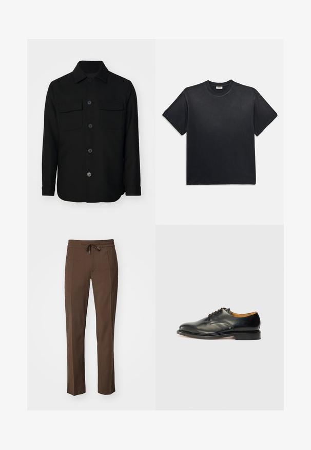 Crna košulja jakna izrađena od glatkog materijala. Ima oštar ovratnik, prednje dugmadi i dva džepa na prsima s preklopima. Dugi rukavi.; Crna pamučna majica s okruglim izrezom i kratkim rukavima. Ima opušteni kroj, glatku teksturu i minimalistički dizajn.; Smešane smešene hlače s elastičnim pojasom, suženim nogavicama i glatkom teksturom, s ravnim prednjim dizajnom i bez vidljivih džepova.; Crne kožne cipele s glatkom završnom obradom, zaobljenim vrhom i minimalnim vezanjem. Imaju suptilan dizajn i nisku, čvrstu gumenu potplat.