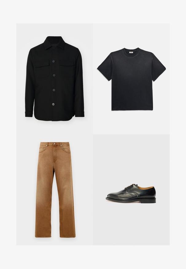 Schwarze Jacke aus glattem Stoff. Mit spitzem Kragen, Frontknöpfen und zwei Brusttaschen mit Klappen. Lange Ärmel.; Schwarzes Baumwoll-T-Shirt mit rundem Ausschnitt und kurzen Ärmeln. Verfügt über eine lockere Passform, eine glatte Textur und ein minimalistisches Design.; Braune Denim-Weitbeinjeans mit hoher Taille, ausgestattet mit zwei Vorderaschen, einem Knopfverschluss und subtiler Struktur. Keine sichtbaren Muster oder Akzente.; Schwarzer Lederschuh mit glatter Oberfläche, abgerundetem Zehenbereich und minimaler Schnürung. Verfügt über ein dezentes Design und eine niedrige, robuste Gummisohle.