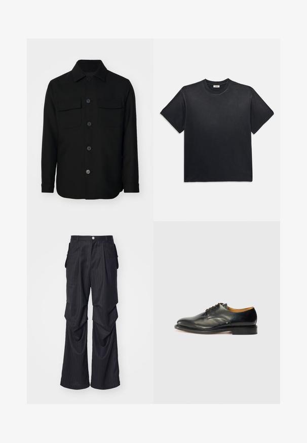 Melnas krekla jakas, kas izgatavota no gludas auduma. Iezīmes punktota apkakle, priekšējie pogas un divas krūšu kabatas ar atloka. Garas piedurknes.; Melna kokvilnas T-kreklā ar apaļu kakla izgriezumu un īsām piedurknēm. Iezīmējas ar brīvu piegriezumu, gludu tekstūru un minimālistisku dizainu.; Melnas svītrainas bikses ar platām kājām, ar krokām, sānu kabatām un priekšējo pogu aizdari. Gluda tekstūra.; Melnas ādas kleitu kurpes ar gludu apdari, noapaļota purngala forma un minimālas saites. Iezīmējas ar niansētu dizainu un zemu, stabilu gumijas zoli.