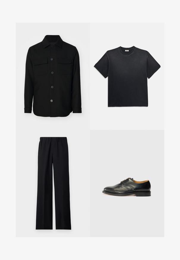 Zwarte shirtjack gemaakt van een gladde stof. Heeft een puntkraag, knopen aan de voorkant en twee borstzakken met kleppen. Lange mouwen.; Zwarte katoenen t-shirt met een ronde halslijn en korte mouwen. Heeft een ontspannen pasvorm, een gladde textuur en een minimalistisch ontwerp.; sandro LARGE - Broek - noir; Zwarte leren nette schoen met een gladde afwerking, ronde neus en minimale veters. Beschikt over een subtiel ontwerp en een lage, stevige rubberen zool.