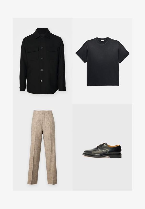 Svart skjortjacka tillverkad av ett slätt tyg. Har en spetsig krage, framknappar och två bröstfickor med lock. Långa ärmar.; Svart bomullströja med rund halsringning och korta ärmar. Har en avslappnad passform, slät textur och minimalistisk design.; Beige skräddarsydda byxor i strukturtrikå, med rak skärning, framveck och midjeband. Inga synliga fickor eller knäppningar.; Svart lädersko med slät yta, rund tå och minimal snörning. Har en diskret design och en låg, stabil gummisula.