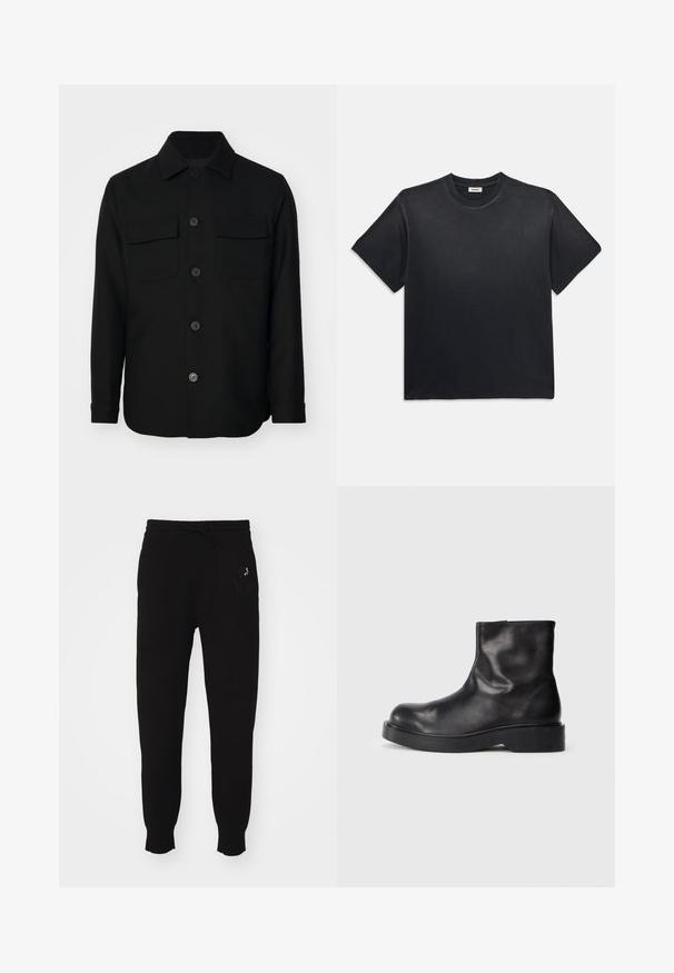 Sort skjortejakke lavet af et glat stof. Har en spids krave, frontknapper og to brystlommer med klapper. Lange ærmer.; Sort bomuld t-shirt med rund halsudskæring og korte ærmer. Har en afslappet pasform, glat tekstur og minimalistisk design.; Sorte bomulds sweatpants med snor i taljen, tapered ben og broderet logo detalje på venstre side. Glat tekstur.; Sorte læderankelstøvler med en rund tå, glat tekstur og en kraftig sort gummisål. Minimalistisk design uden synlig hardware.