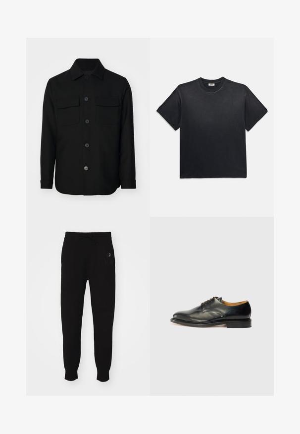Juodas švarkas, pagamintas iš lygaus audinio. Savybės: smailus apykaklė, priekiniai mygtukai ir dvi krūtinės kišenės su sklendėmis. Ilgos rankovės.; Juodas medvilninis marškinėliai su apvaliu kaklu ir trumpomis rankovėmis. Turi laisvą siluetą, lygią tekstūrą ir minimalistinį dizainą.; Juoda medvilninė sportinė kelnė su raišteliu juosmenyje, siaurėjančiomis kojomis ir išsiuvinėtu logotipo elementu kairėje pusėje. Lygus paviršius.; Juodas odinis suknelės batelis su lygiu paviršiumi, apvalia nosimi ir minimaliai surišamais raišteliais. Joje yra subtilus dizainas ir žemas, tvirtas gumos padas.