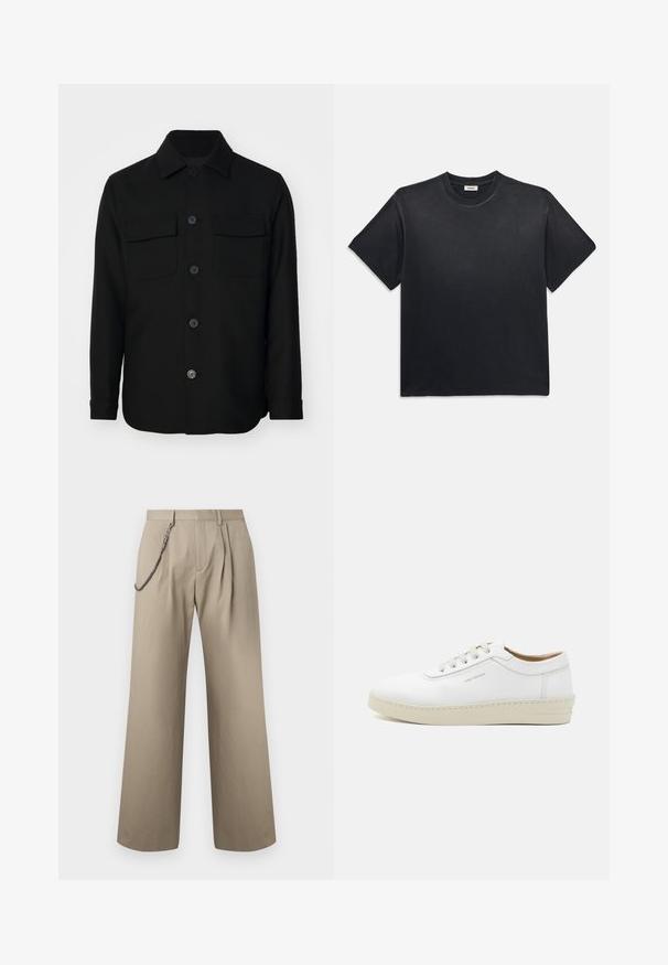 Črna srajcna jakna iz gladkega materiala. Ima oglat ovratnik, sprednje gumbe in dva žepa na prsih z poklopcema. Dolgi rokavi.; Črna bombažna majica s kratkimi rokavi in okroglim izrezom. Ima sproščen kroj, gladko teksturo in minimalističen dizajn.; Bež široke hlače z naborki spredaj in kovinsko verižico, pritrjeno na levi zank pasu za stil.; Bele usnjene teniske s teksturirano površino, okrogel nos, bež gumijast podplat in šest sivih luknjic za vezalke, s subtilnim logotipom na strani.