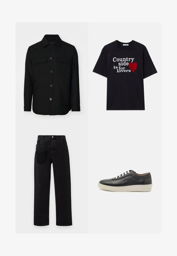 Fekete ingdzseki sima anyagból készült. Éles gallérral, elülső gombokkal és két mellzsebbel rendelkezik, fedéllel. Hosszú ujjakkal.; Fekete rövid ujjú póló fehér szöveggel: "A vidék a szerelmeseké" és egy piros szív grafikával az elején.; Fekete farmernadrág egyenes szabással, elöl gombos záródással, öt zsebes stílusú, és egy jobb oldali hátsó zsebbel rendelkezik.; Fekete bőr sportcipő fehér gumitalppal, kerek orral és lapos fűzőkkel, oldalsó varrás részletekkel és diszkrét logózással.