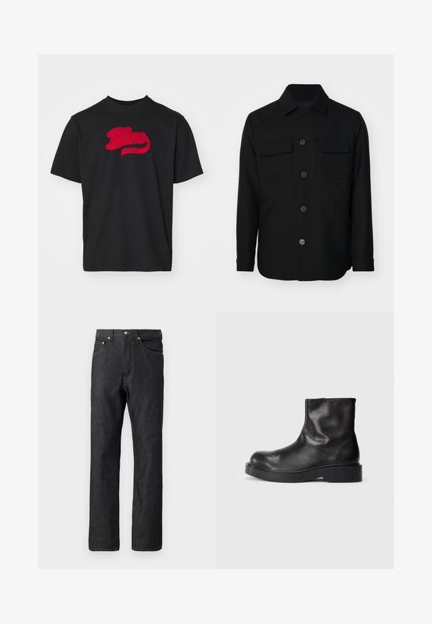 Must mustriga särk, mis on valmistatud siledast kangast. Omab teravat kaelust, esist muudatused ning kahte rinna taskut lipukestega. Pika varrukaga.; Must musta T-särk ümmarguse kaelusega, millel on ees kaarjalt tikitud punane "Blue Marble" logo.; Tumedat sinised denim püksid sirge säärega disainiga. Omab viit taskut, oranži õmblust ja nööp sulgemist vöökohal.; Mustad mustad nahast pahkluu saapad, ümmarguse varbaga, sileda tekstuuri ja massiivse musta kummitaldaga. Minimalistlik disain ilma nähtava riistvara.