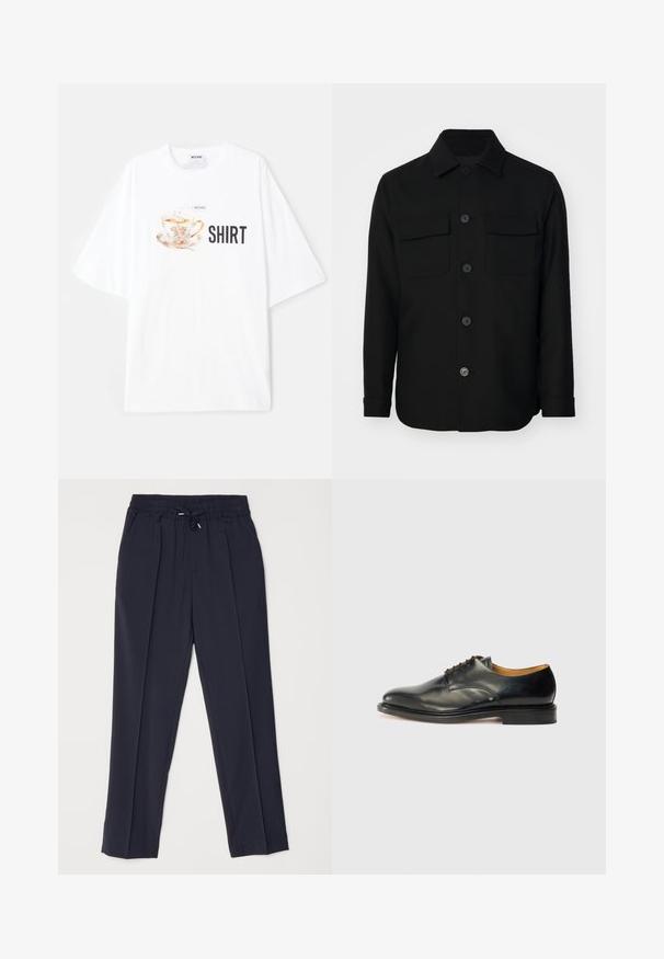 Črna srajcna jakna iz gladkega materiala. Ima oglat ovratnik, sprednje gumbe in dva žepa na prsih z poklopcema. Dolgi rokavi.; Bela oversize majica s pisanjem grafiko čaja in cvetličnimi detajli ter besedo "MAJICA" v krepki črni barvi spodaj.; Mornarji modri hlače z elastičnim pasom in vrvico. Opremljene sta z dvema sprednjima gubama in zoženimi nogami za strukturirano silhueto.; Črne usnjene oblečne čevlje z gladko površino, zaobljenim nosom in minimalnim vezanjem. Imajo diskretnem oblikovanju in nizkim, trdim gumijastim podplatom.