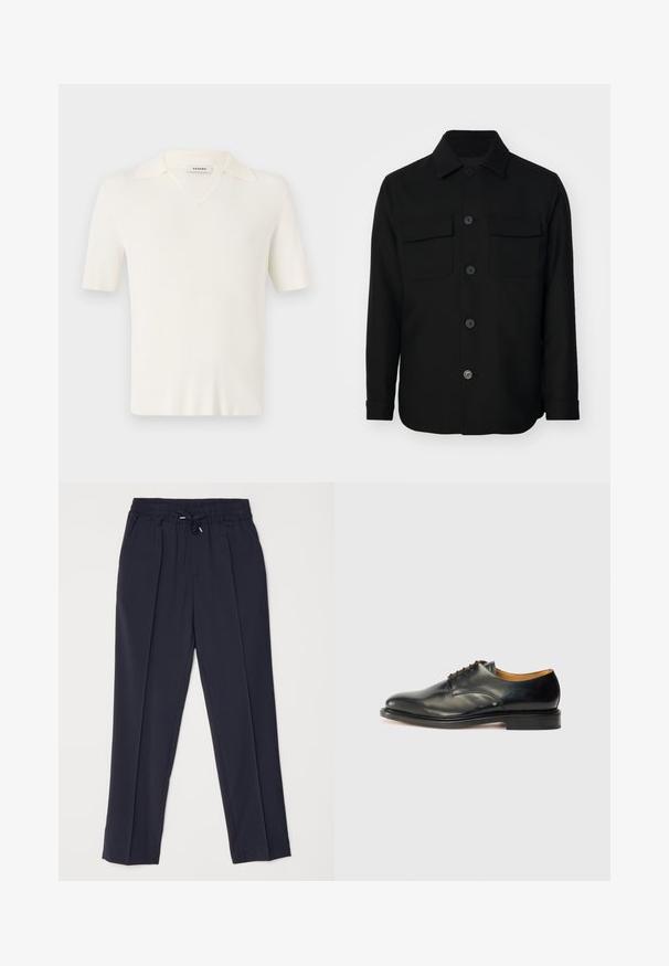 Czarna kurtka koszulowa wykonana z gładkiego materiału. Posiada spiczasty kołnierz, guziki z przodu oraz dwie kieszenie na piersi z klapkami. Długie rękawy.; Krótki rękaw, pulower z dekoltem w serek w kolorze kremowym, z prążkowaną strukturą, miękkim kołnierzykiem i dopasowanym kształtem.; Granatowe spodnie z elastycznym paskiem i sznurkiem. Posiadają dwa fałdy z przodu oraz zwężane nogawki, co zapewnia zarysowaną sylwetkę.; Czarne skórzane buty eleganckie z gładkim wykończeniem, okrągłym noskiem i minimalnym sznurowaniem. Charakteryzują się subtelnym wzornictwem oraz niską, solidną gumową podeszwą.