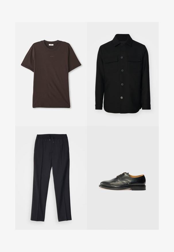 Musta takki, joka on valmistettu sileästä kankaasta. Siinä on terävä kaulus, etupainikkeet ja kaksi rintataskua läpällä. Pitkät hihat.; T-paita, jossa on tummanruskea väri, lyhyet hihat ja pyöreä pääntie. Rinnassa keskellä on "SANDRO"-logo ja pääntiellä sisäpuolella on etiketti.; sandro ALPHA - Chinot - noir; Musta nahkakengät sileällä pinnalla, pyöreällä kärjellä ja vähäisellä nauhoituksella. Ominaisuuksiin kuuluu huomaamaton muotoilu ja matala, kestävä kumipohja.