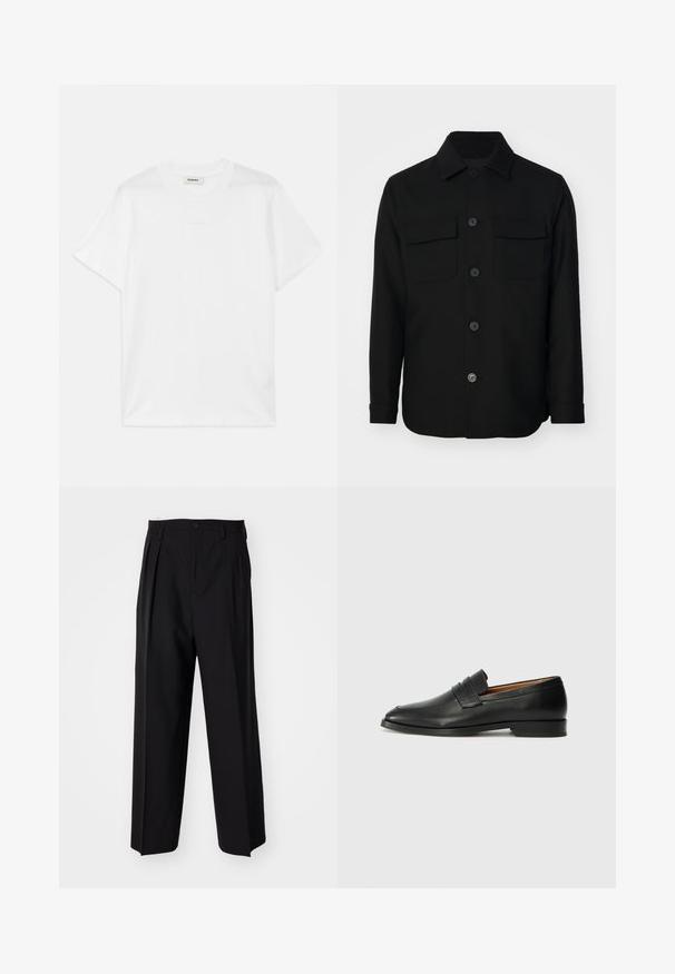 Svart skjortjacka tillverkad av ett slätt tyg. Har en spetsig krage, framknappar och två bröstfickor med lock. Långa ärmar.; Vit bomull t-shirt med rund hals, korta ärmar och en subtil logotyp tryckt på framsidan. Slät textur och enkel design.; Svarta plisserade byxor med en rak, bred bendesign. Tillverkade av ett slätt tyg, med knäppning fram och bälteshällor.; Svart läderloafersko med rund tå, subtila sömnadsdetaljer och låg klack, med en jämn yta och minimalistisk design.